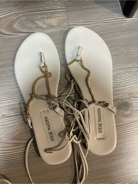 Steve Madden White Lace-Up Sandals with Gold Chain Trim